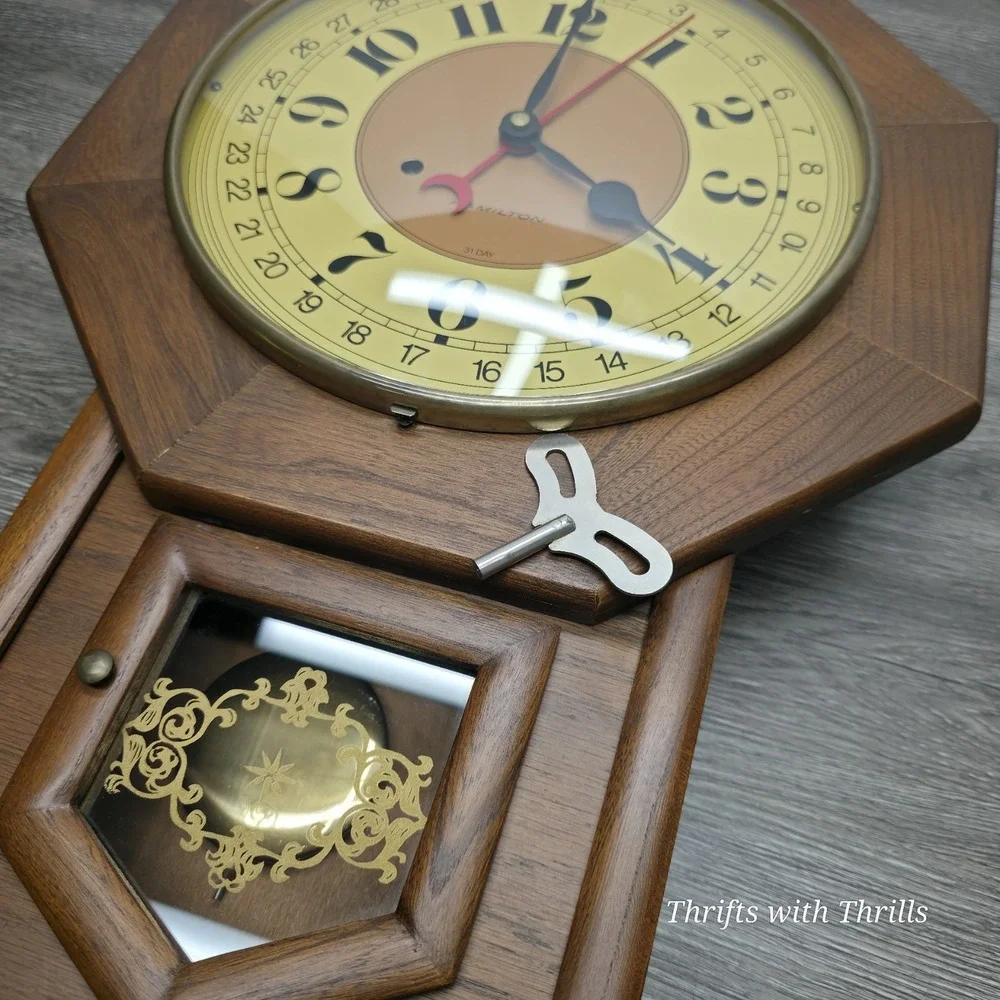 Hamilton Vintage 31-Day Drop Dial Striking Wall Clock Walnut Color W/Key And Tag